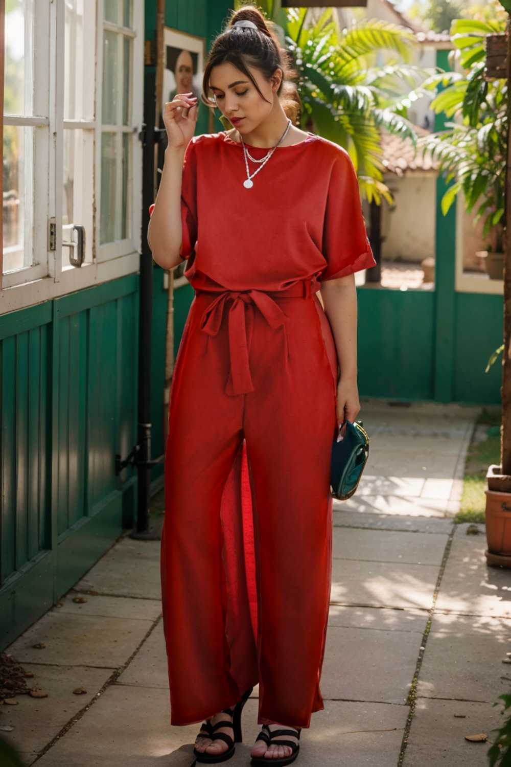 solid five point sleeve belted wide leg jumpsuit 110249