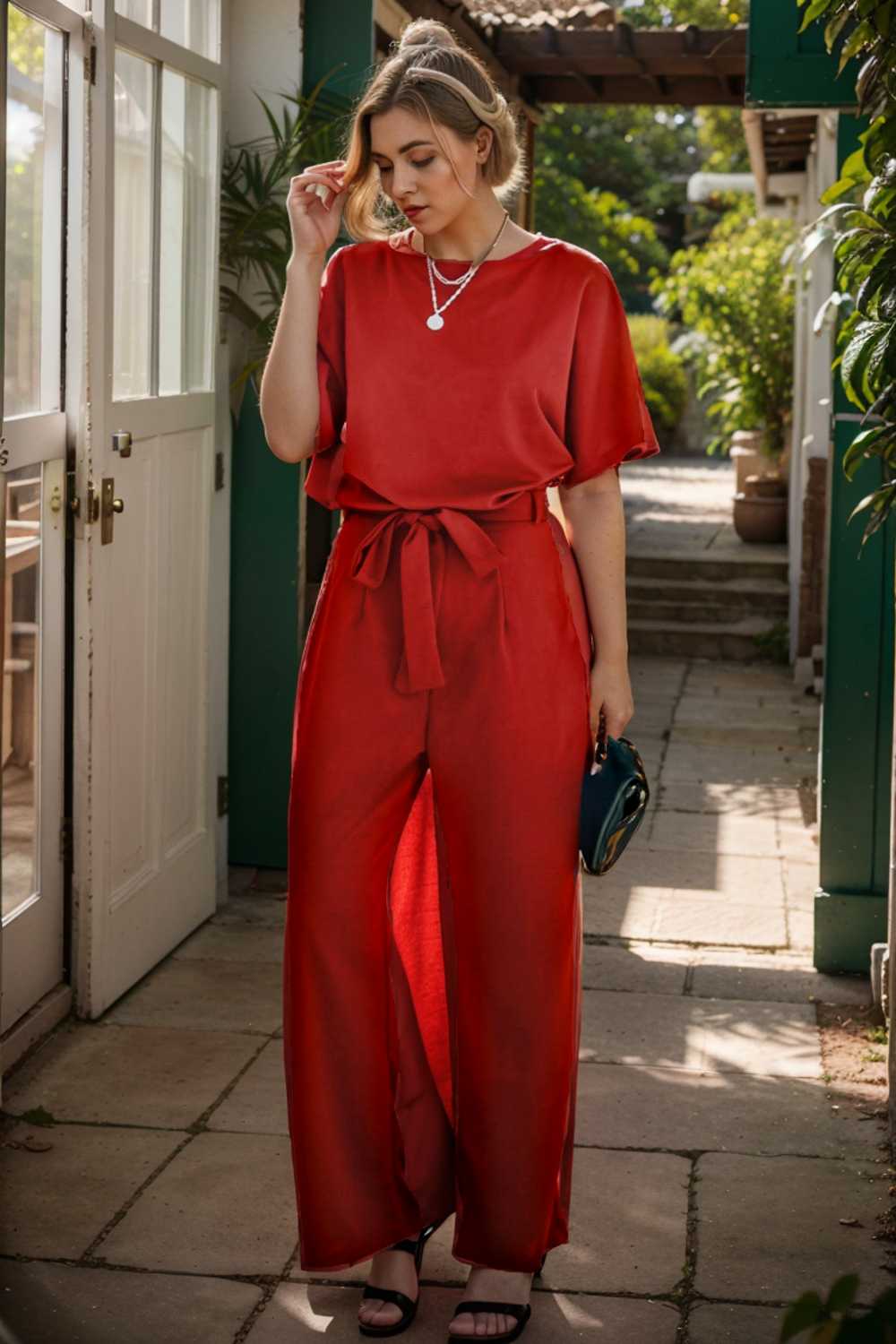 solid five point sleeve belted wide leg jumpsuit 110248