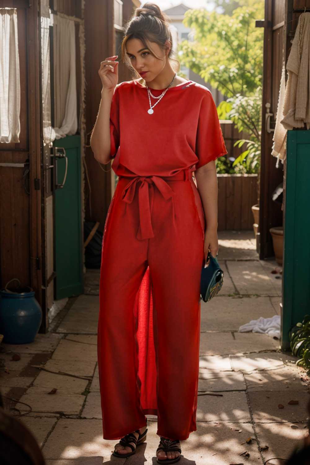 solid five point sleeve belted wide leg jumpsuit 110247