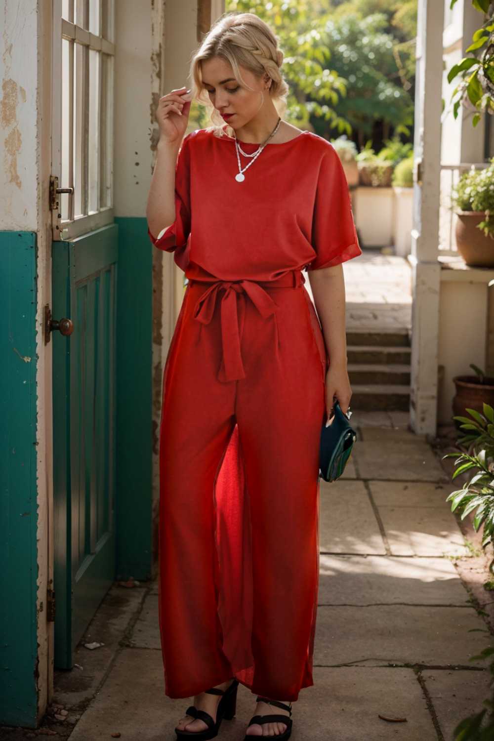 solid five point sleeve belted wide leg jumpsuit 110246