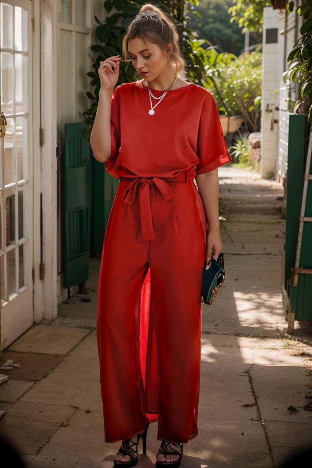 solid five point sleeve belted wide leg jumpsuit 110245