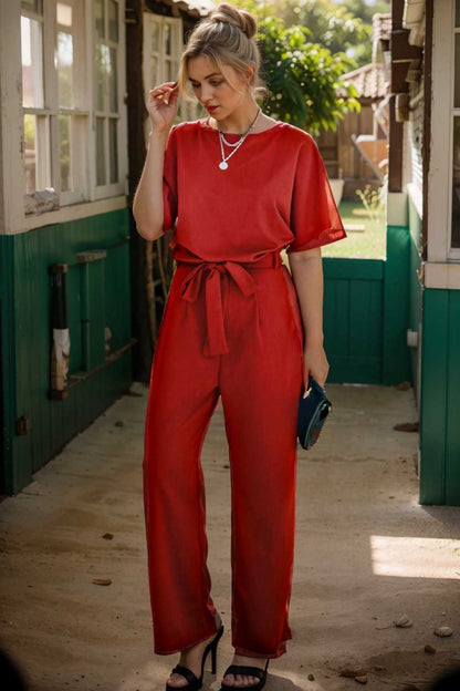 solid five point sleeve belted wide leg jumpsuit 110244