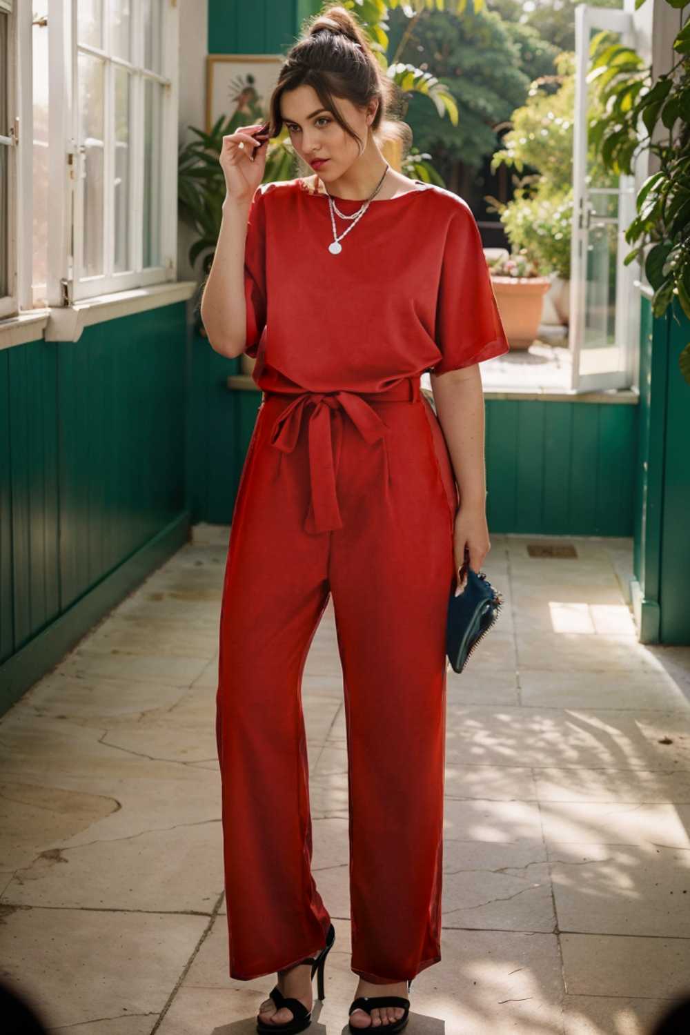 solid five point sleeve belted wide leg jumpsuit 110243