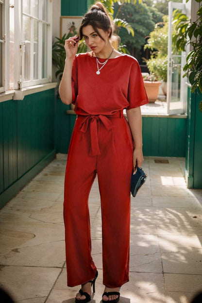 solid five point sleeve belted wide leg jumpsuit 110243