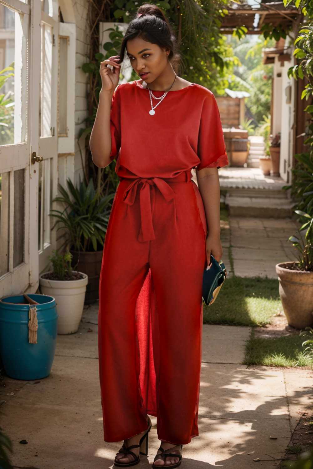 solid five point sleeve belted wide leg jumpsuit 110242