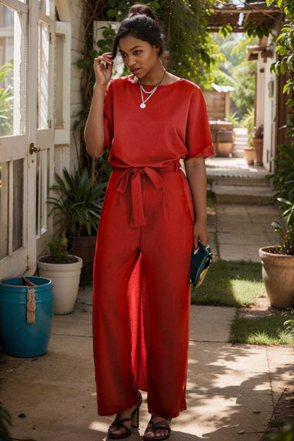 solid five point sleeve belted wide leg jumpsuit 110242