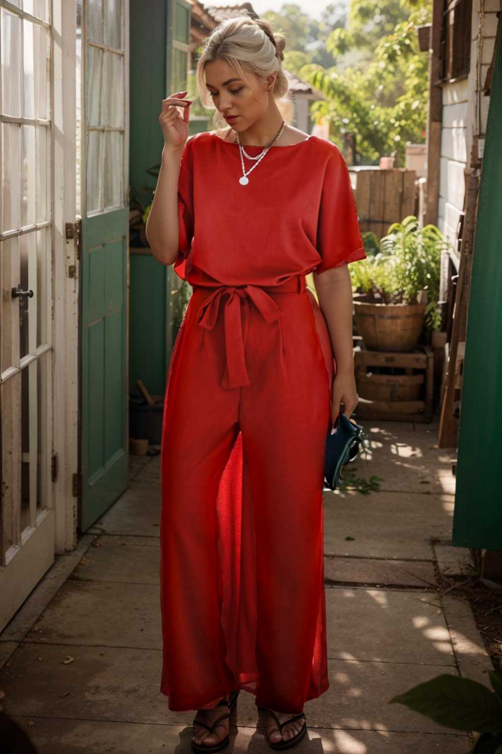solid five point sleeve belted wide leg jumpsuit 110241