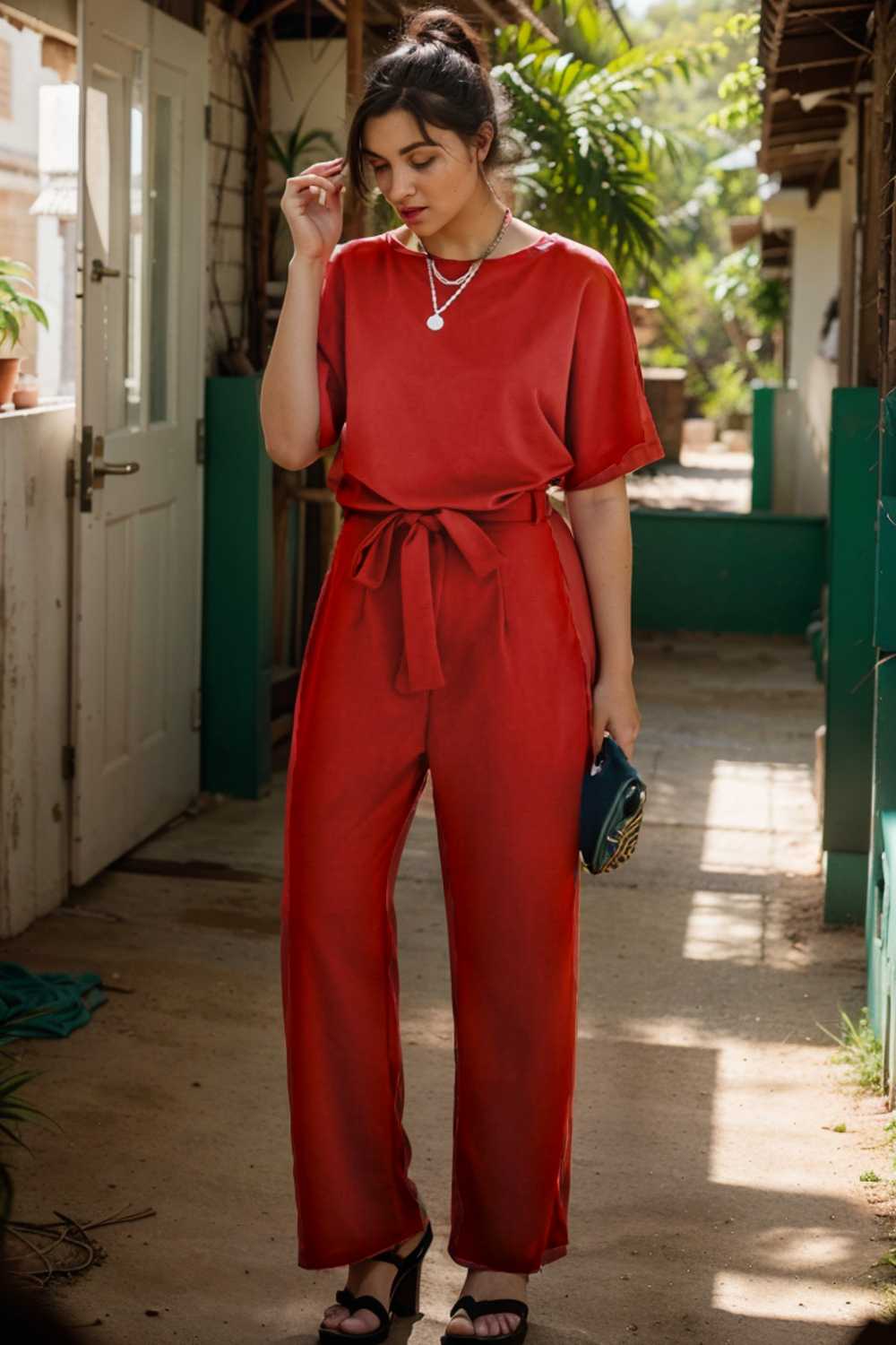 solid five point sleeve belted wide leg jumpsuit 110240