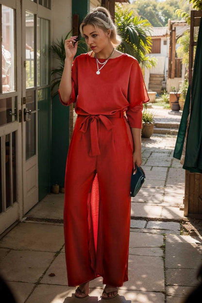 solid five point sleeve belted wide leg jumpsuit 110239