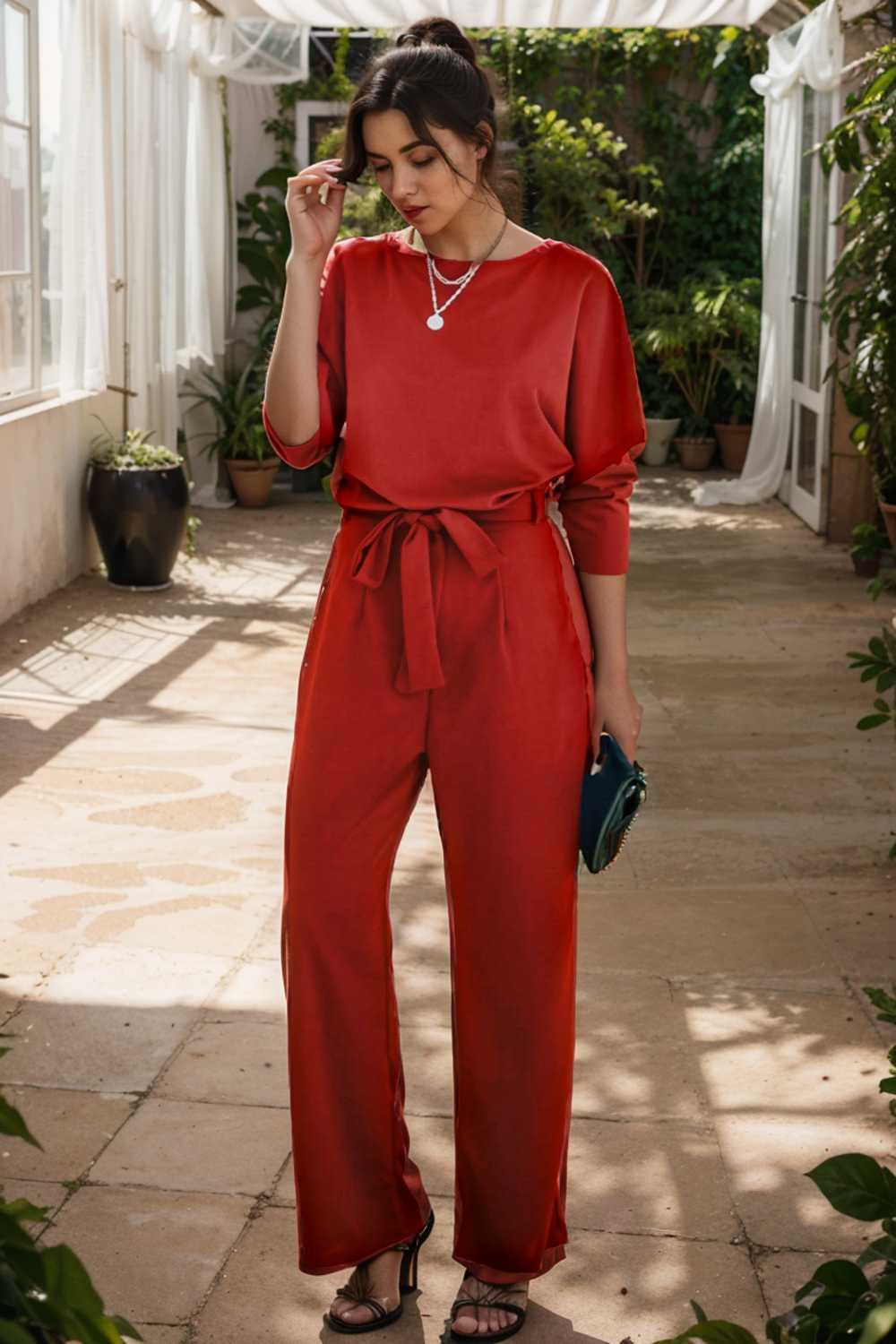 solid five point sleeve belted wide leg jumpsuit 110238