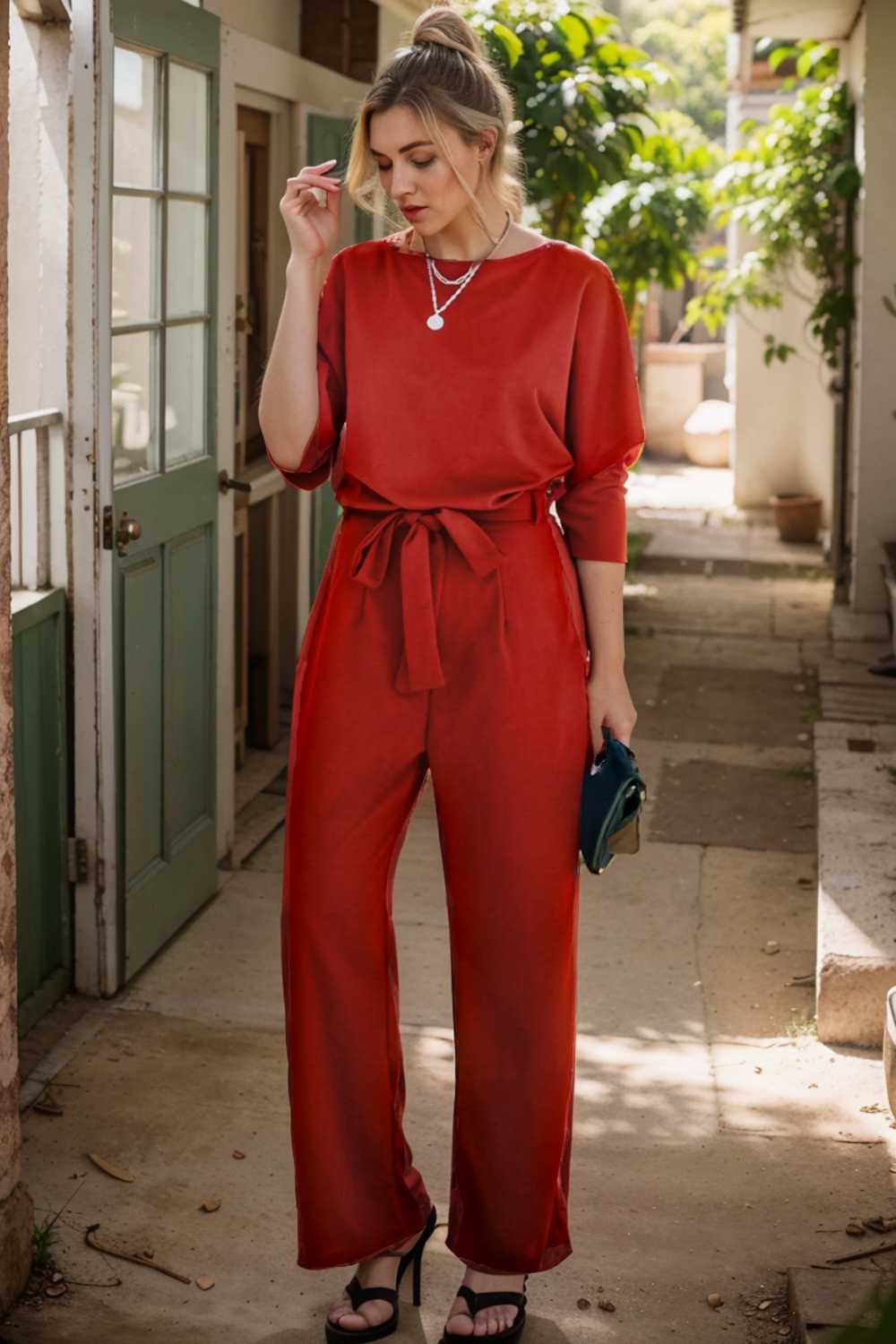 solid five point sleeve belted wide leg jumpsuit 110237