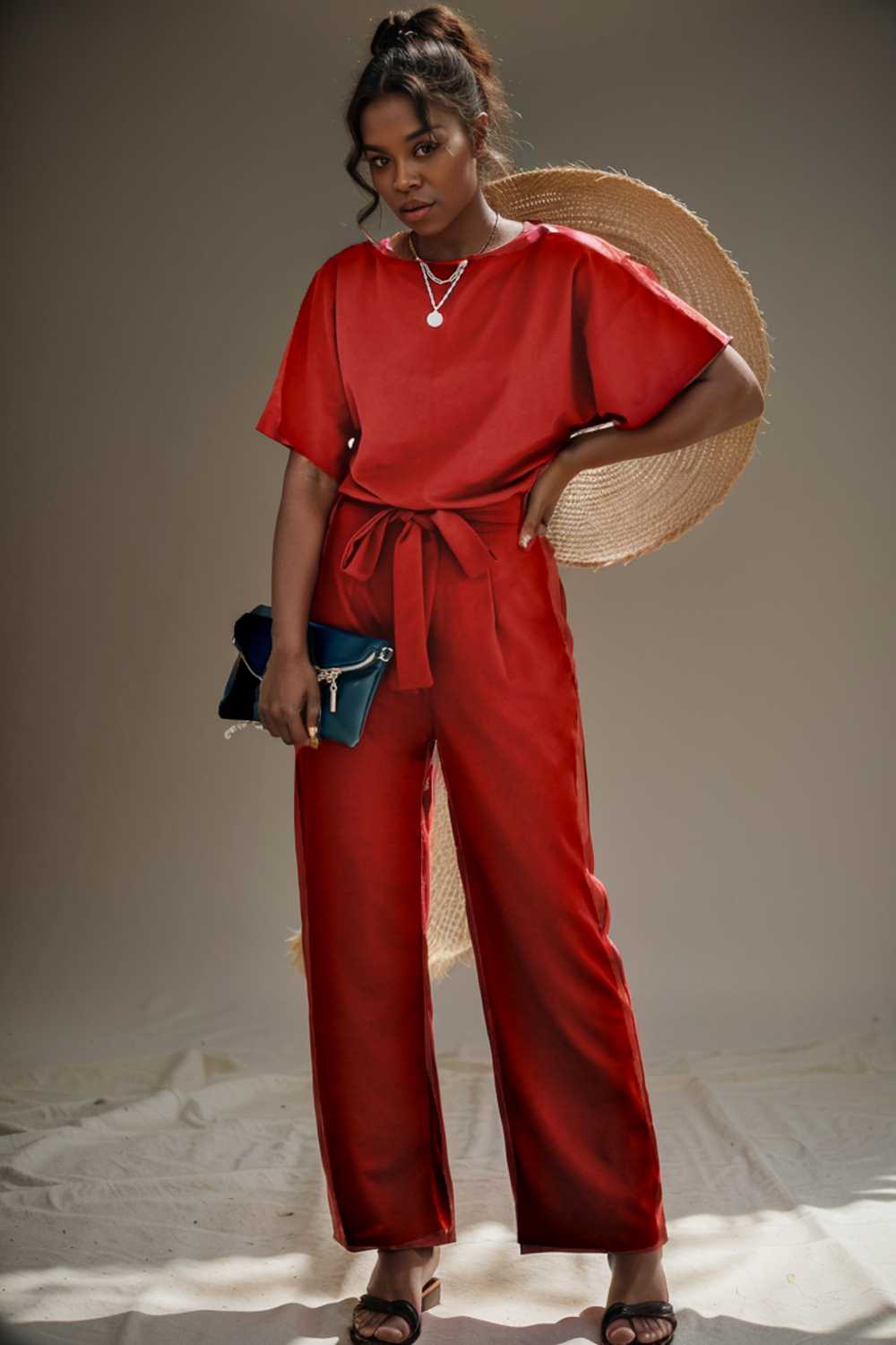 solid five point sleeve belted wide leg jumpsuit 110236