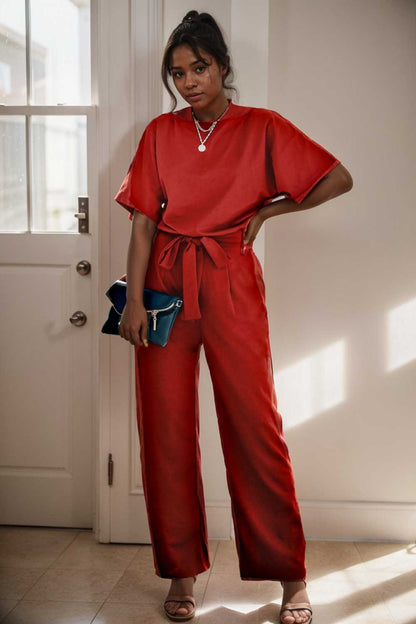 solid five point sleeve belted wide leg jumpsuit 106330