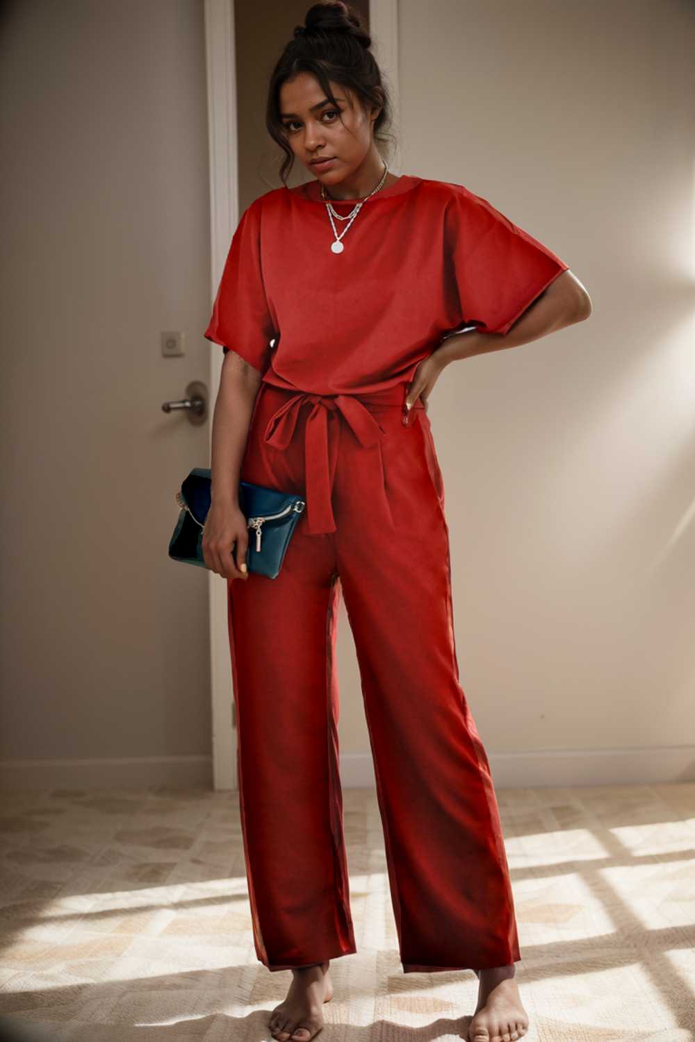 solid five point sleeve belted wide leg jumpsuit 106329