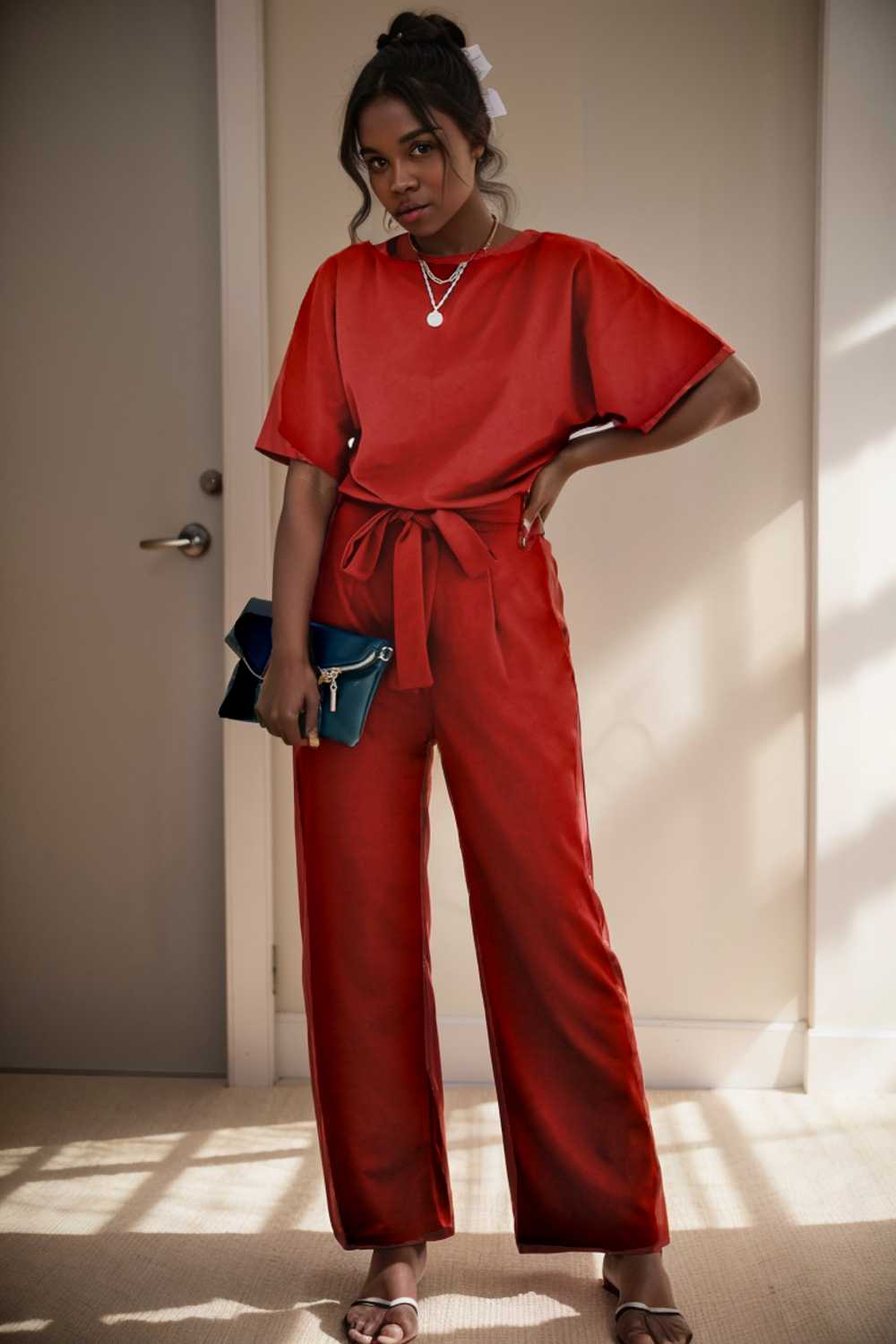 solid five point sleeve belted wide leg jumpsuit 110235
