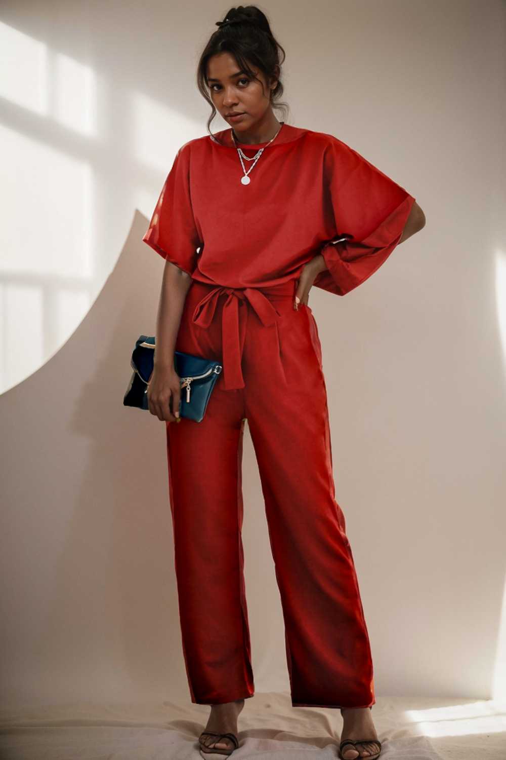 solid five point sleeve belted wide leg jumpsuit 106328