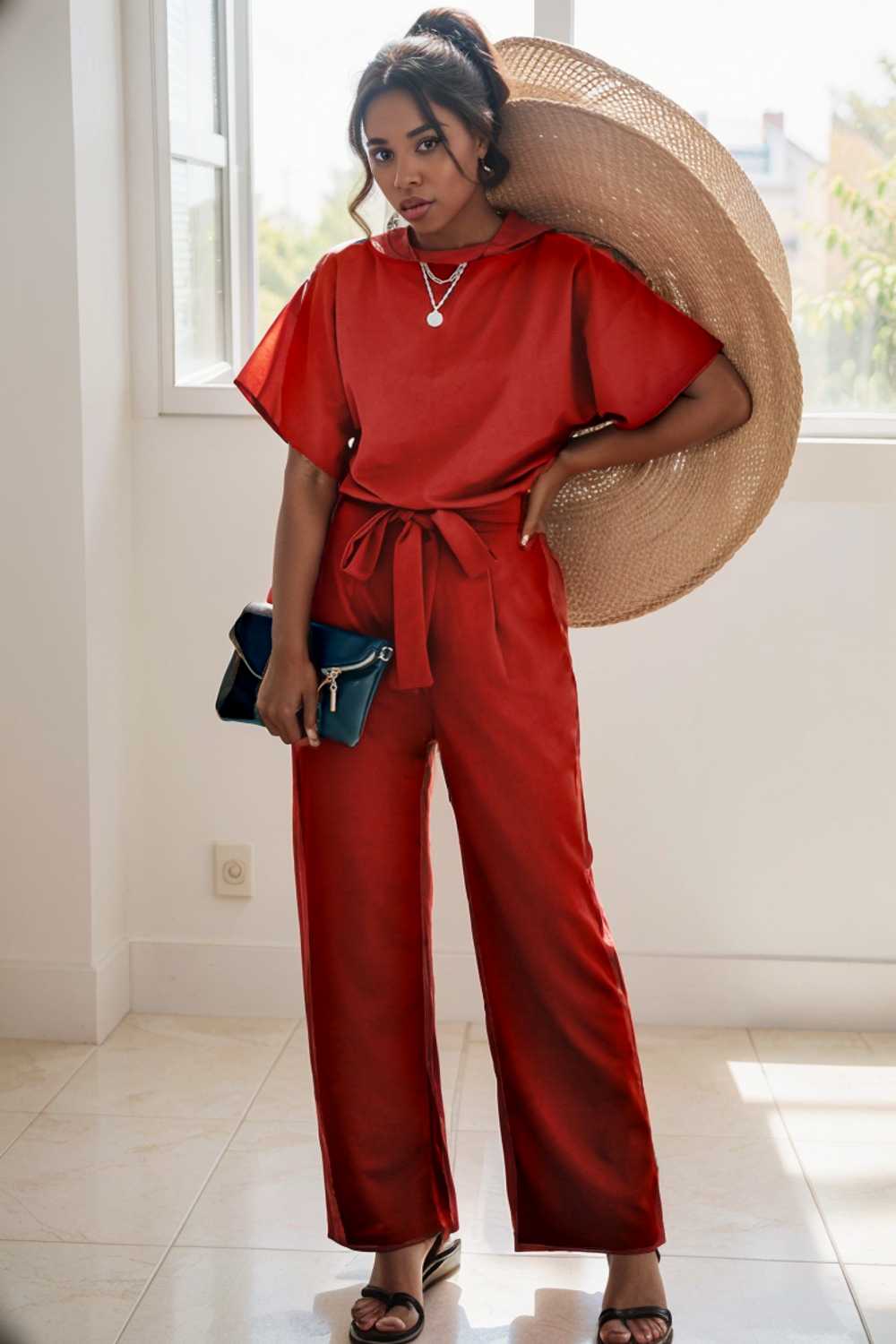 solid five point sleeve belted wide leg jumpsuit 110234