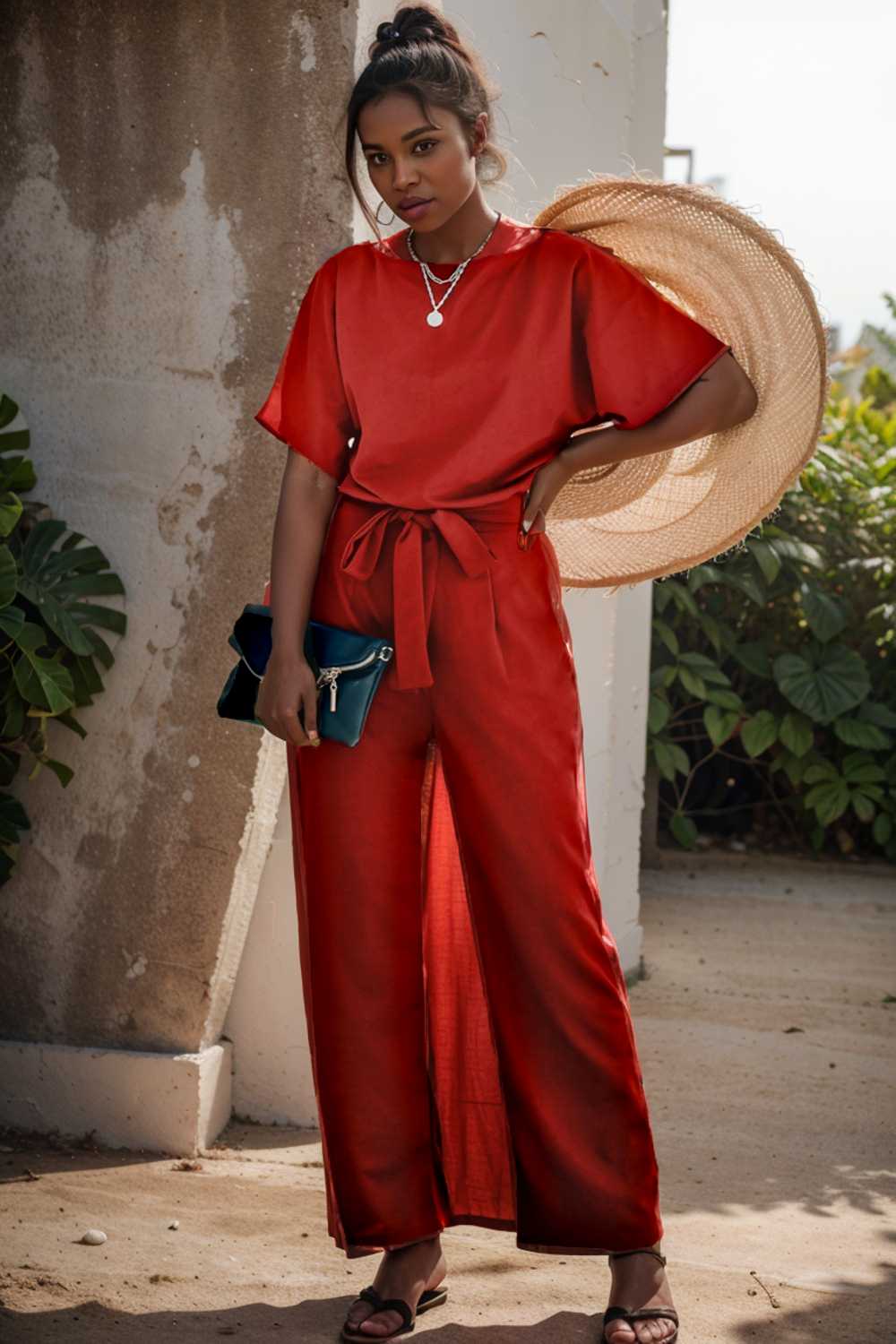 solid five point sleeve belted wide leg jumpsuit 110233