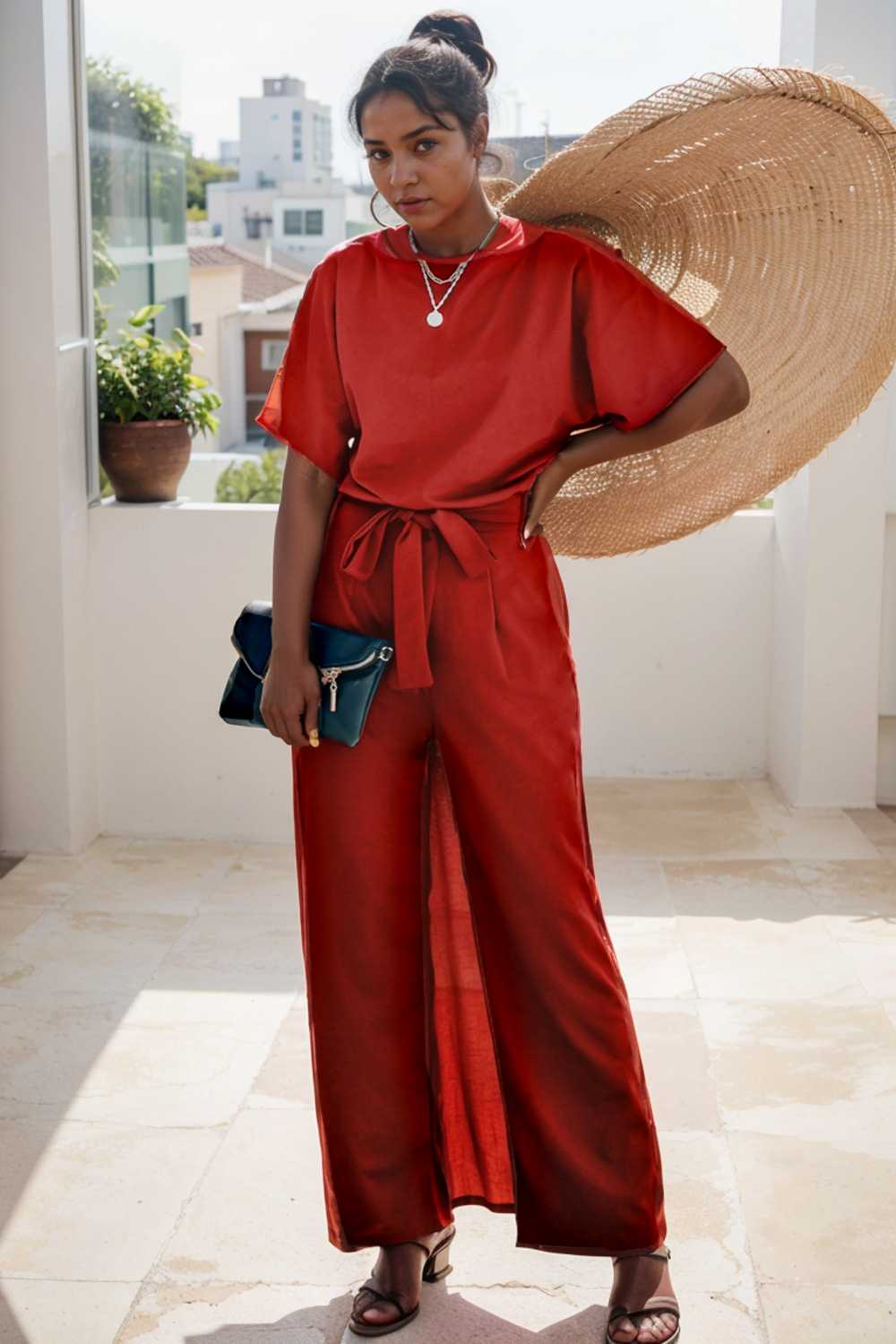 solid five point sleeve belted wide leg jumpsuit 106327