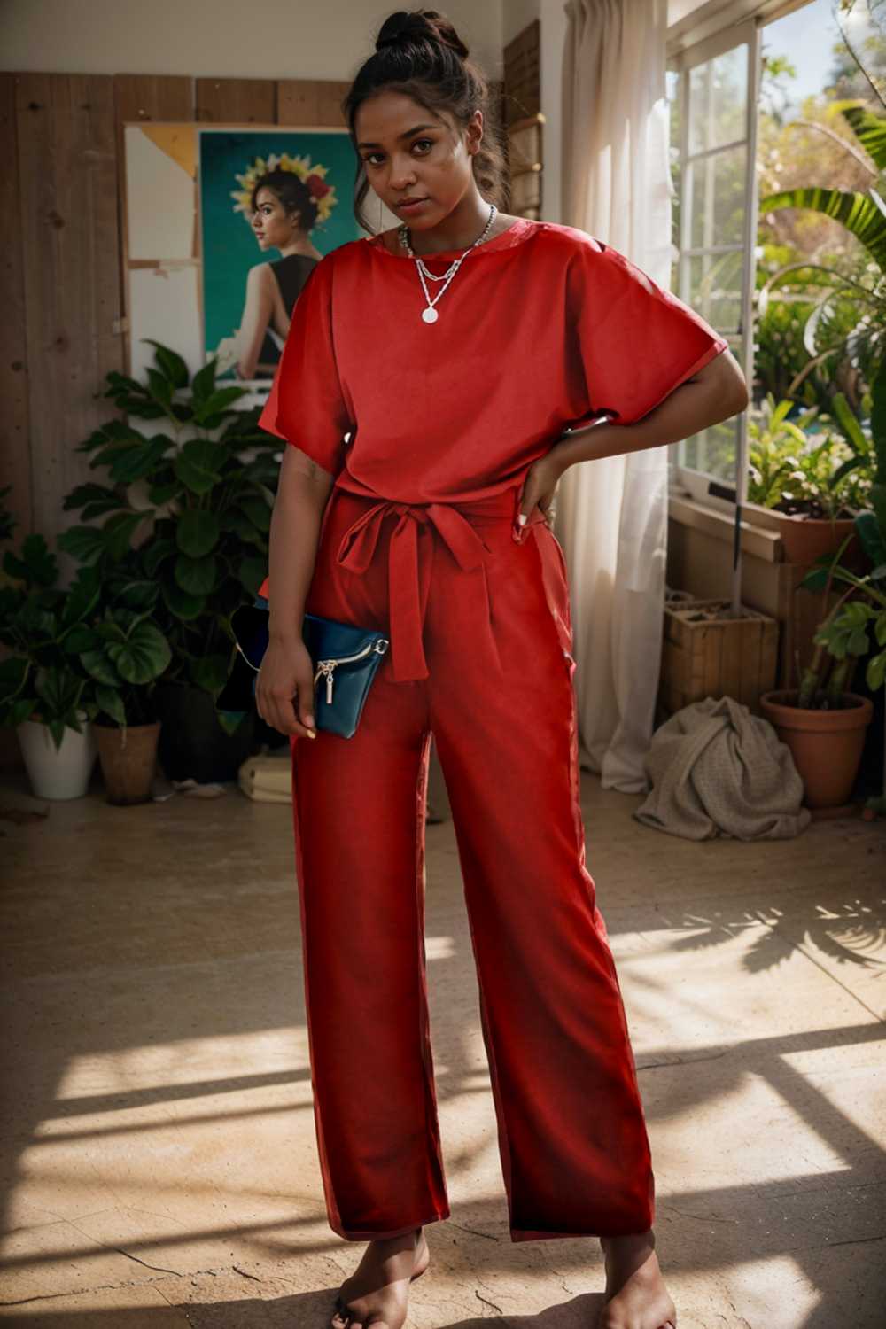 solid five point sleeve belted wide leg jumpsuit 106326