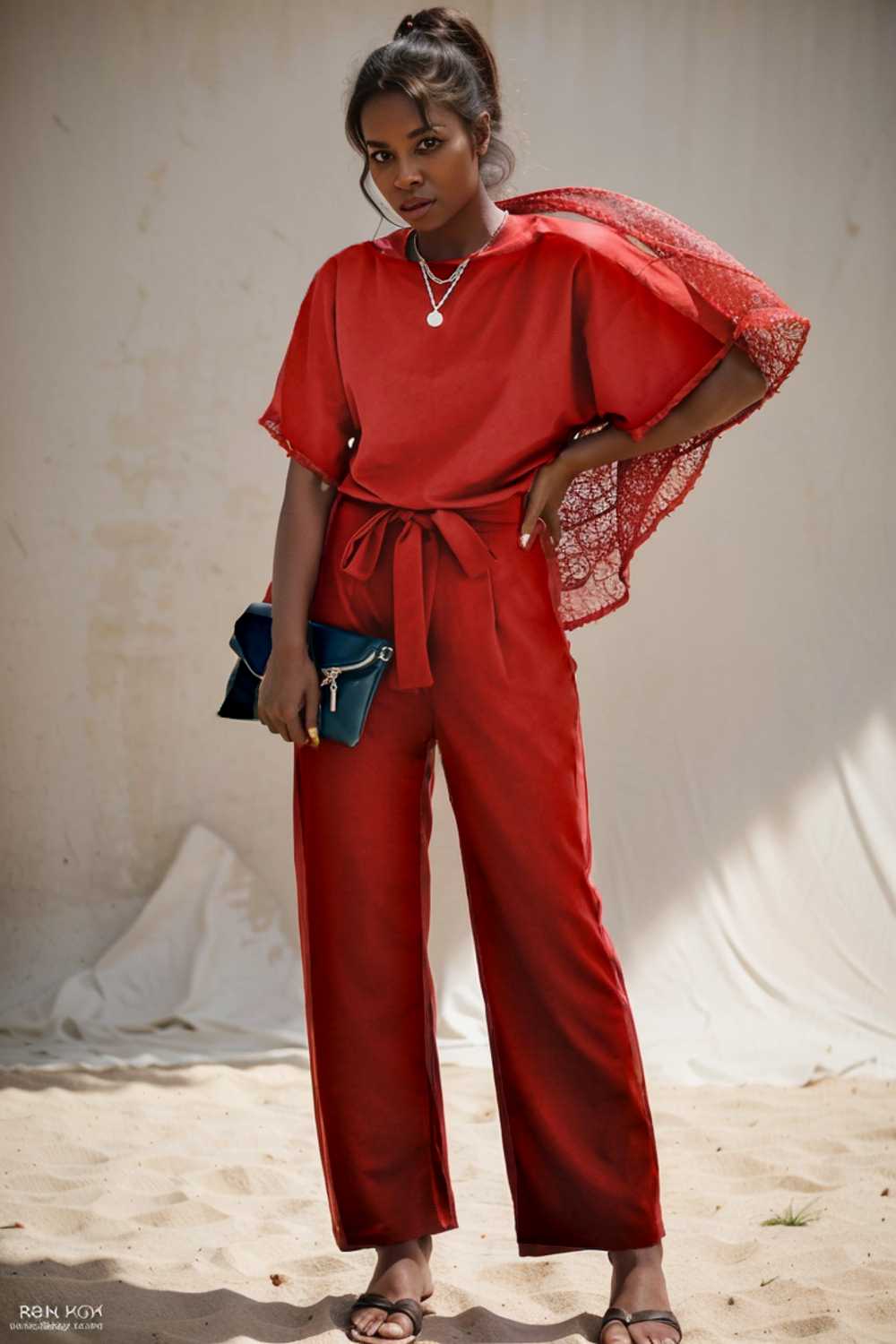 solid five point sleeve belted wide leg jumpsuit 110232