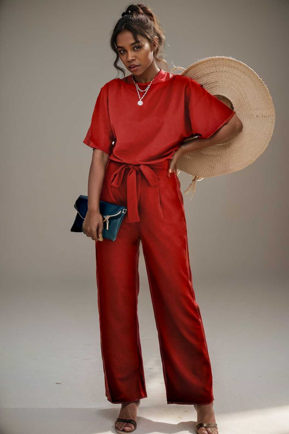 solid five point sleeve belted wide leg jumpsuit 110231