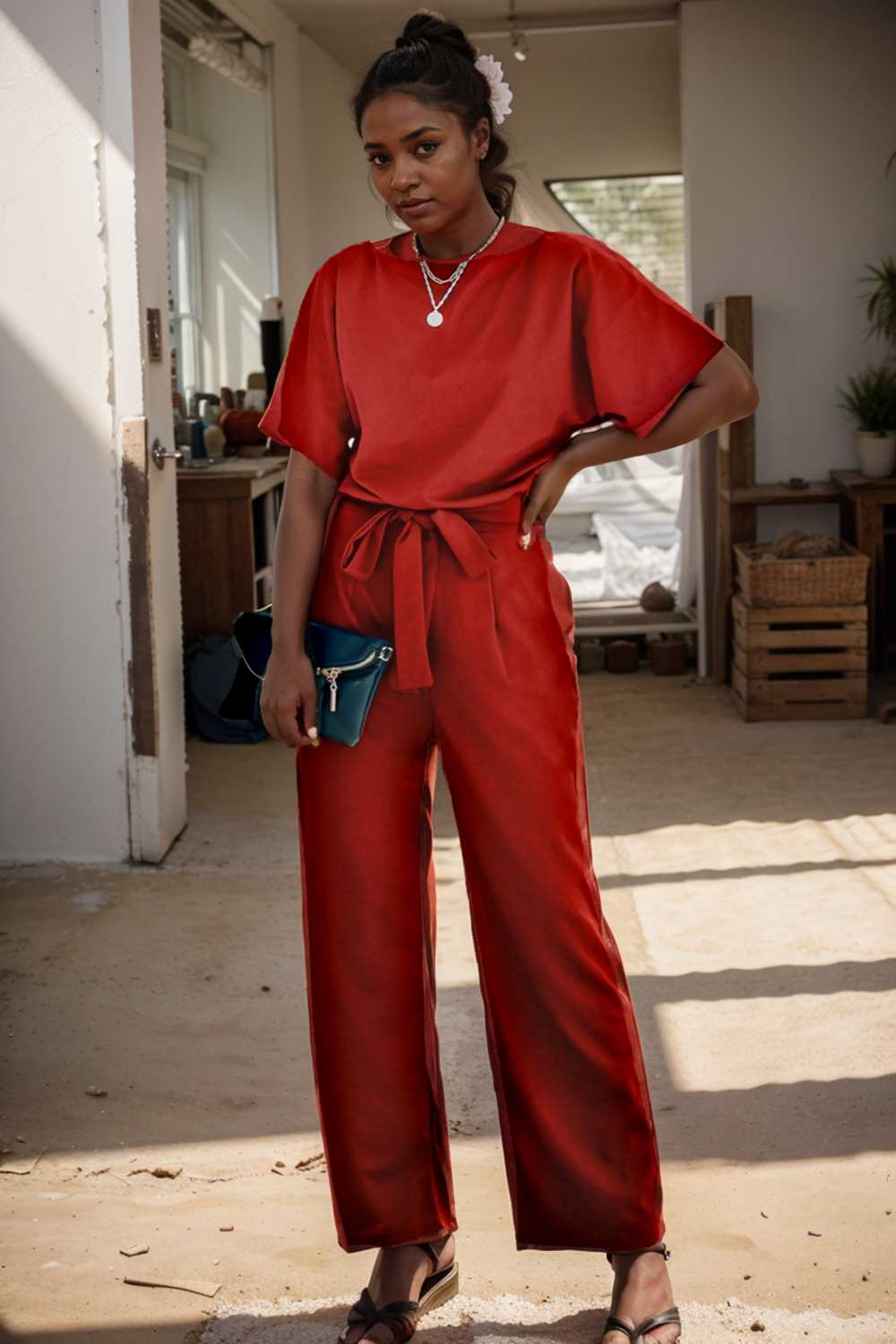 solid five point sleeve belted wide leg jumpsuit 106325