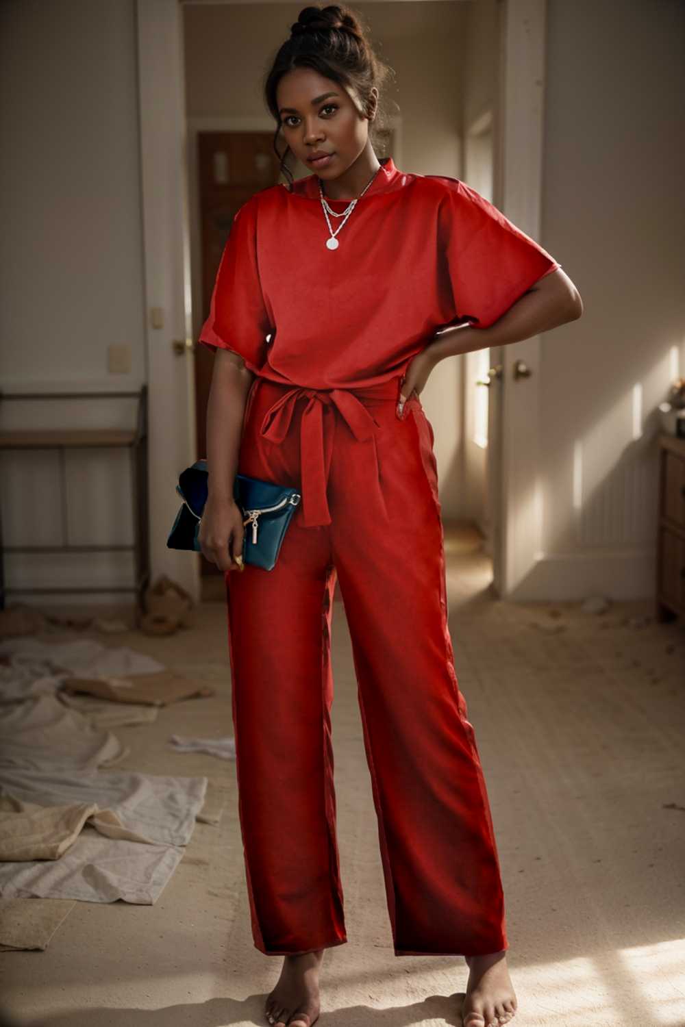 solid five point sleeve belted wide leg jumpsuit 110230