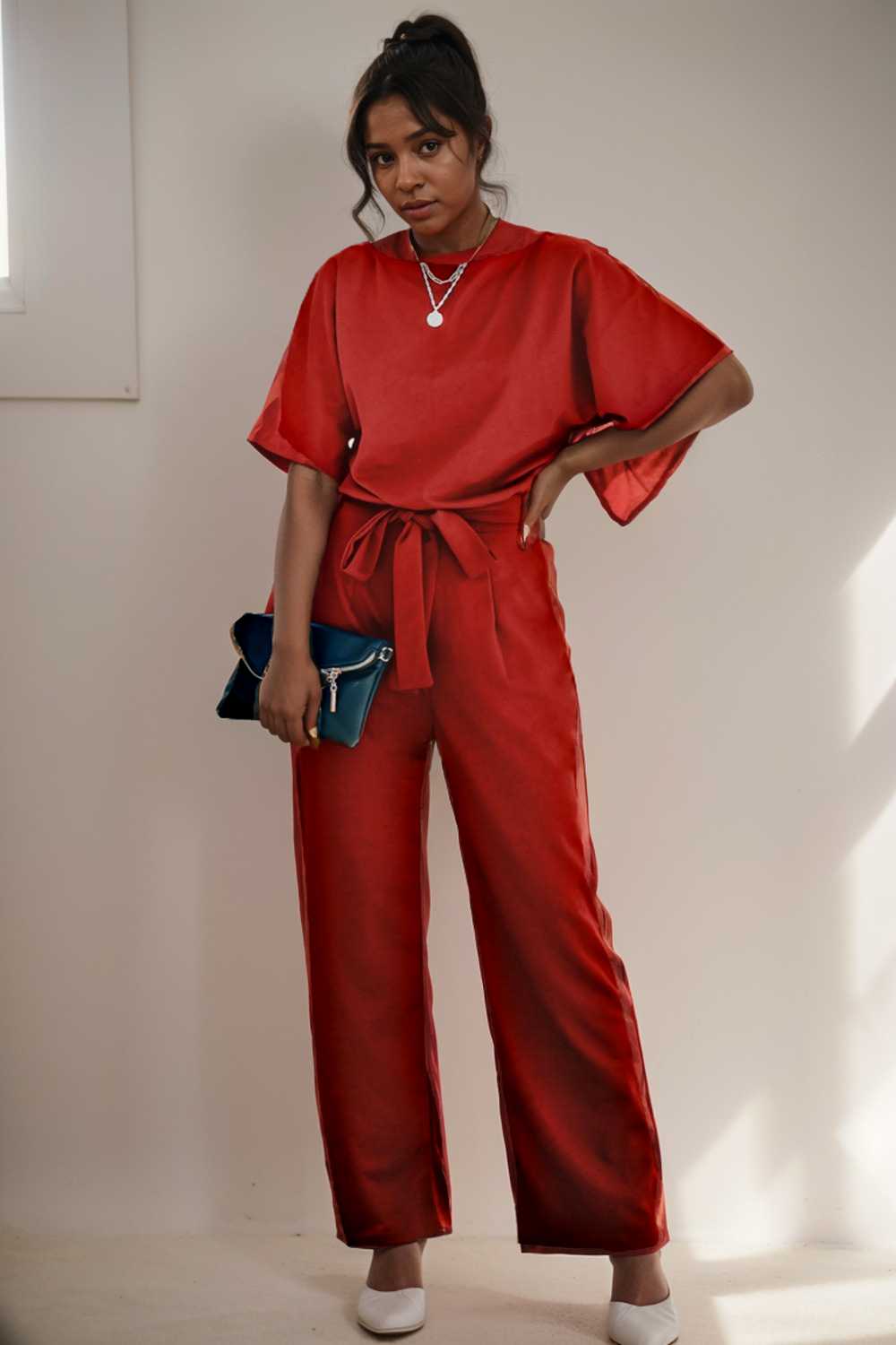 solid five point sleeve belted wide leg jumpsuit 106324
