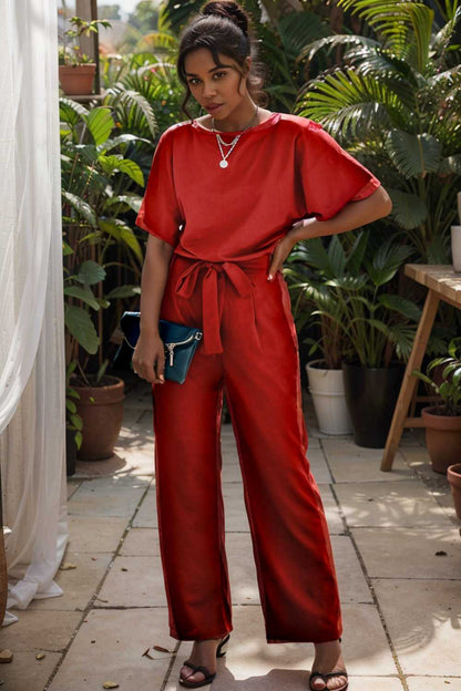 solid five point sleeve belted wide leg jumpsuit 110229