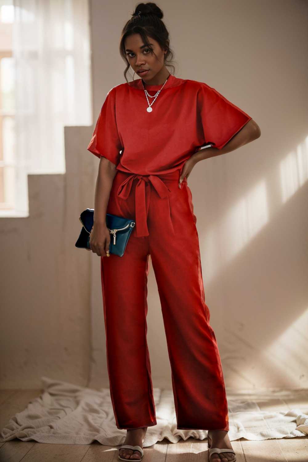 solid five point sleeve belted wide leg jumpsuit 110228