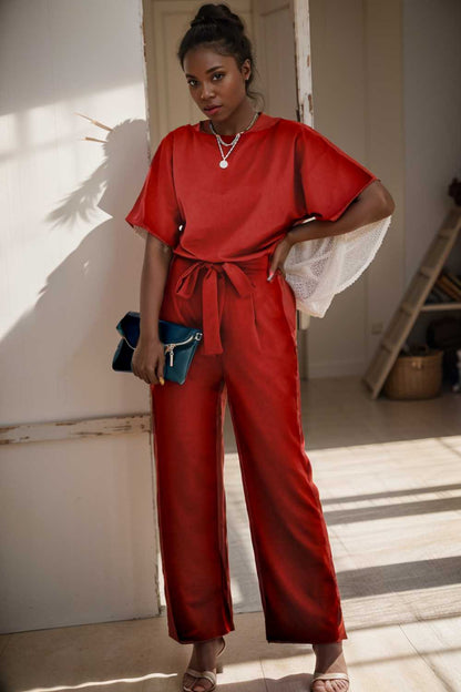 solid five point sleeve belted wide leg jumpsuit 110227