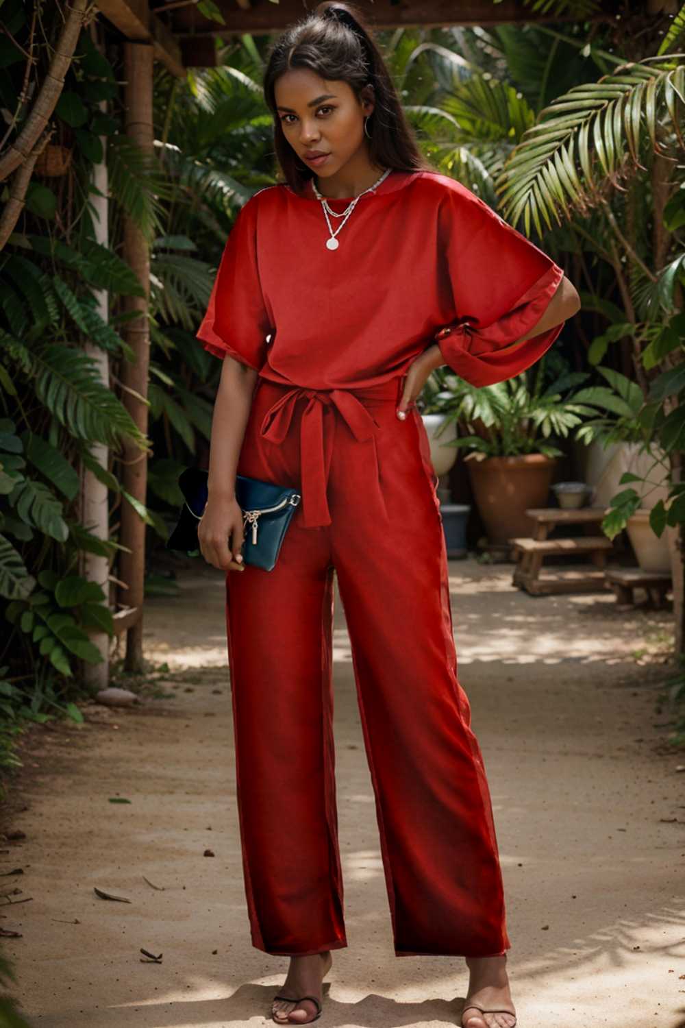 solid five point sleeve belted wide leg jumpsuit 110226