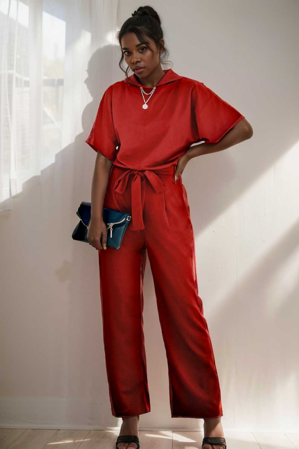 solid five point sleeve belted wide leg jumpsuit 110225