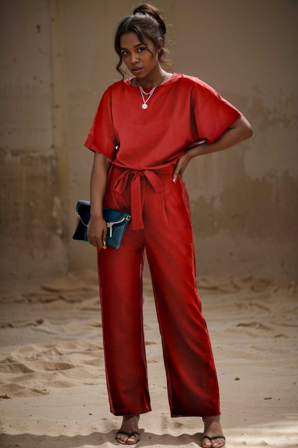 solid five point sleeve belted wide leg jumpsuit 110224