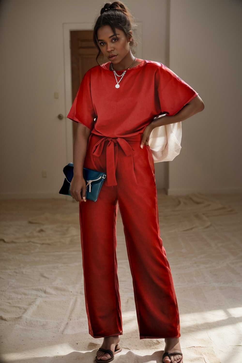 solid five point sleeve belted wide leg jumpsuit 110223