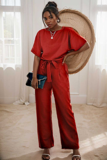 solid five point sleeve belted wide leg jumpsuit 110222