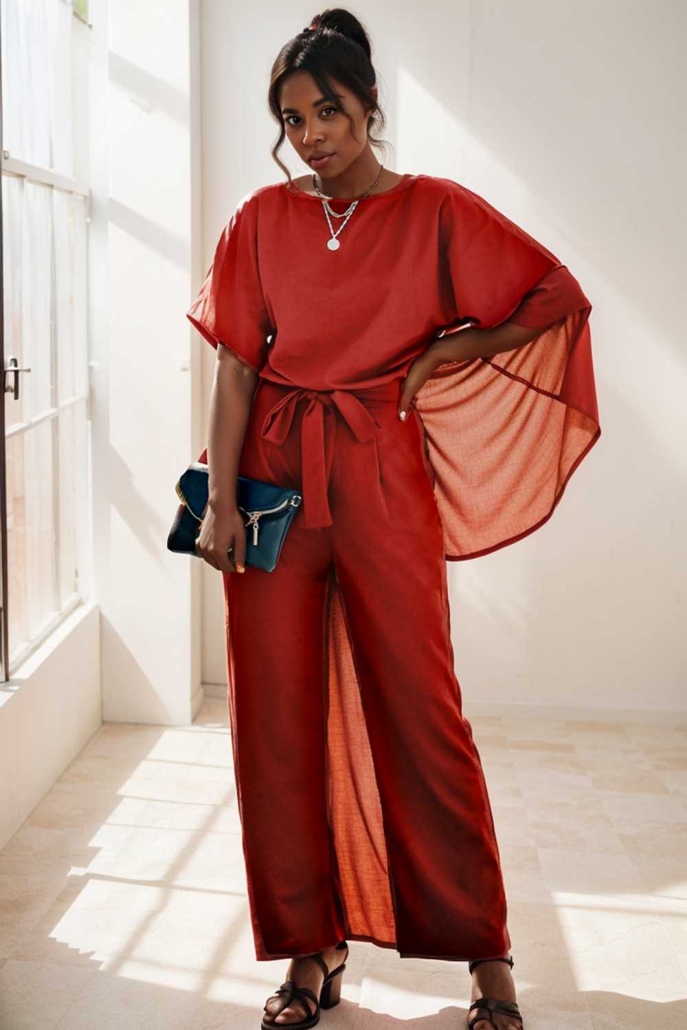 solid five point sleeve belted wide leg jumpsuit 110221