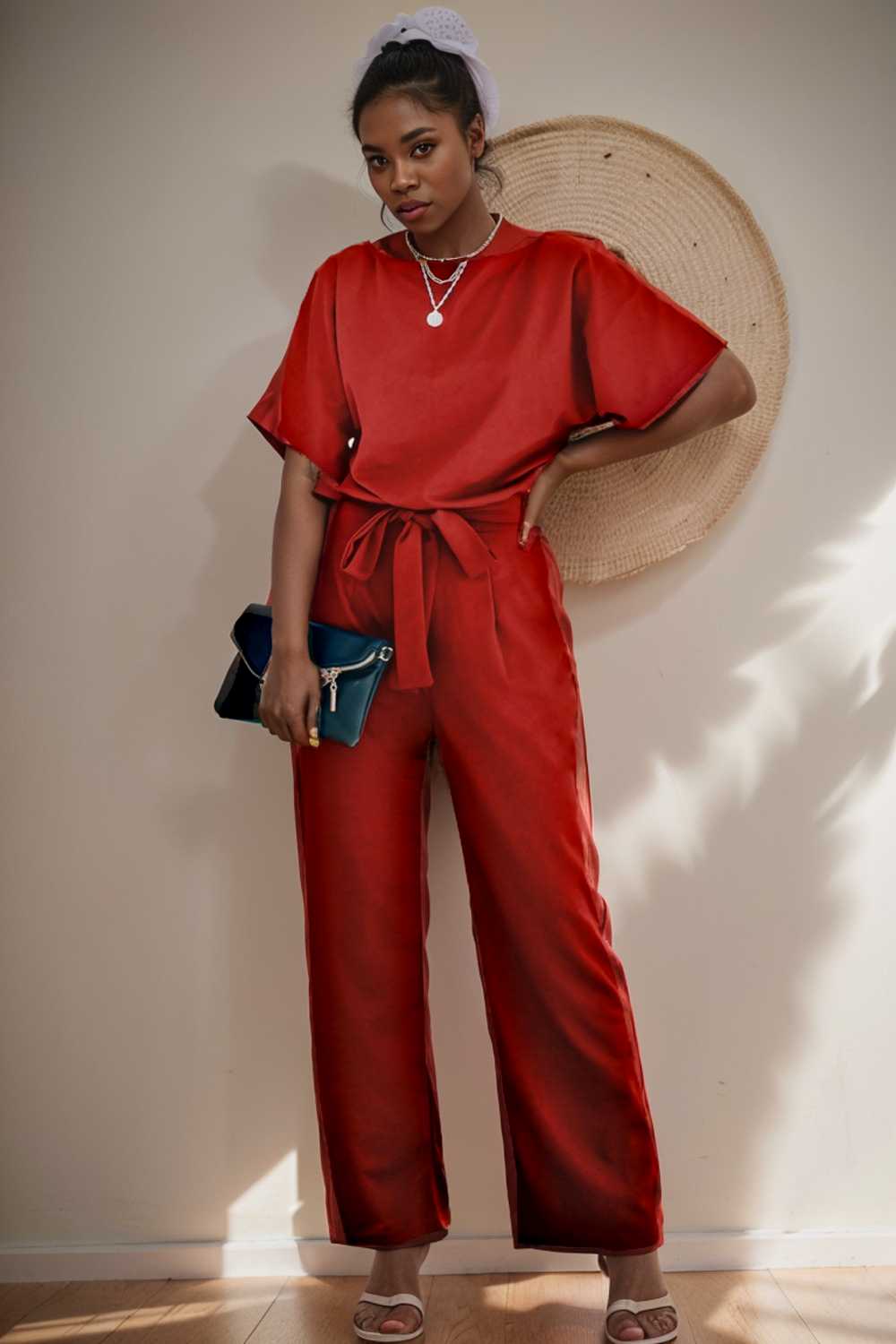 solid five point sleeve belted wide leg jumpsuit 110220