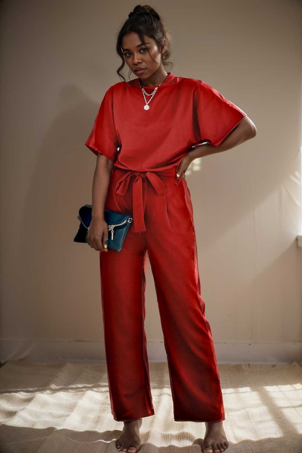 solid five point sleeve belted wide leg jumpsuit 110219