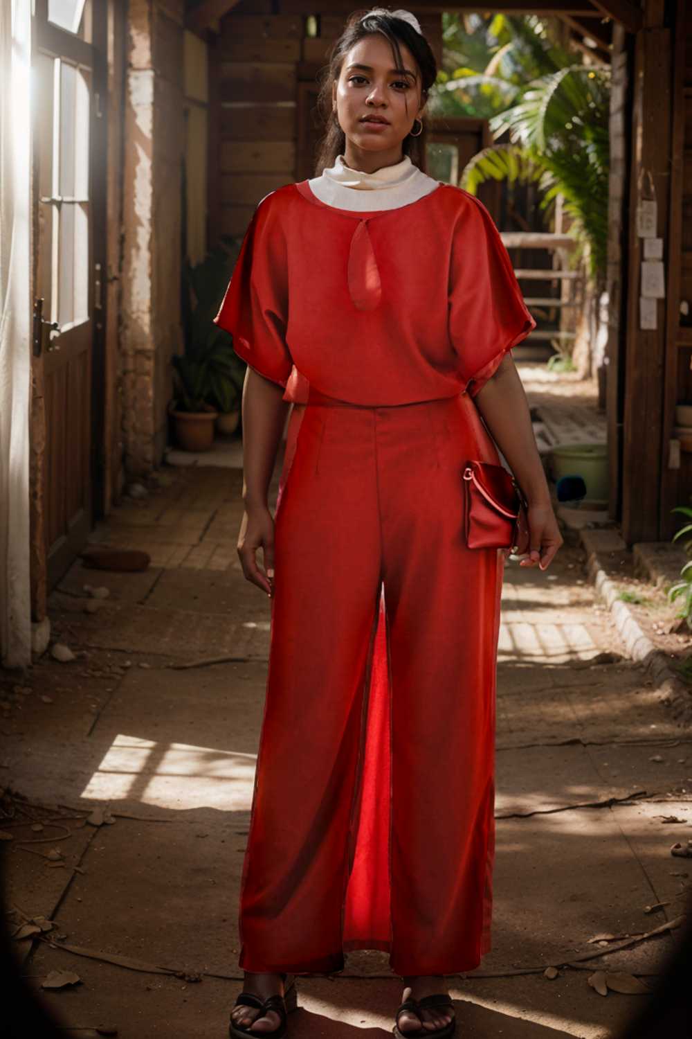 solid five point sleeve belted wide leg jumpsuit 106323