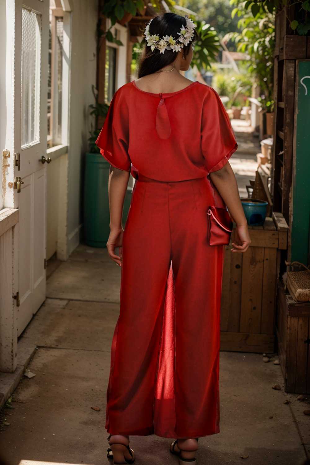 solid five point sleeve belted wide leg jumpsuit 106322