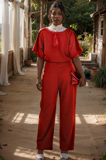 solid five point sleeve belted wide leg jumpsuit 110216