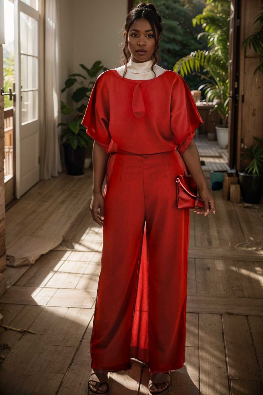 solid five point sleeve belted wide leg jumpsuit 110213