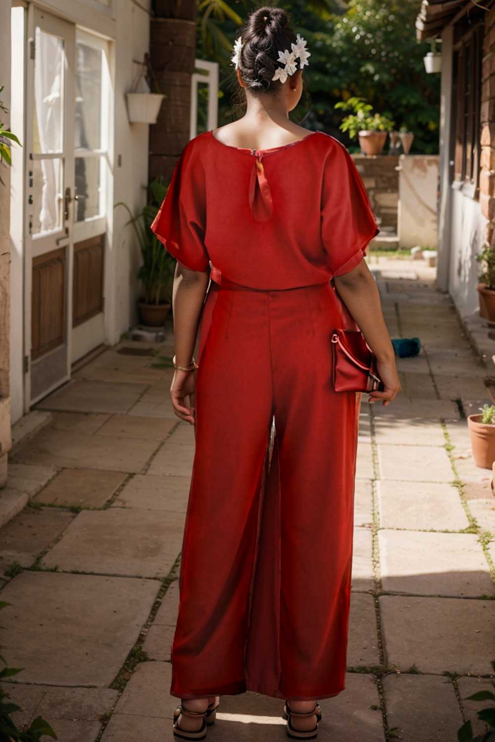 solid five point sleeve belted wide leg jumpsuit 106319