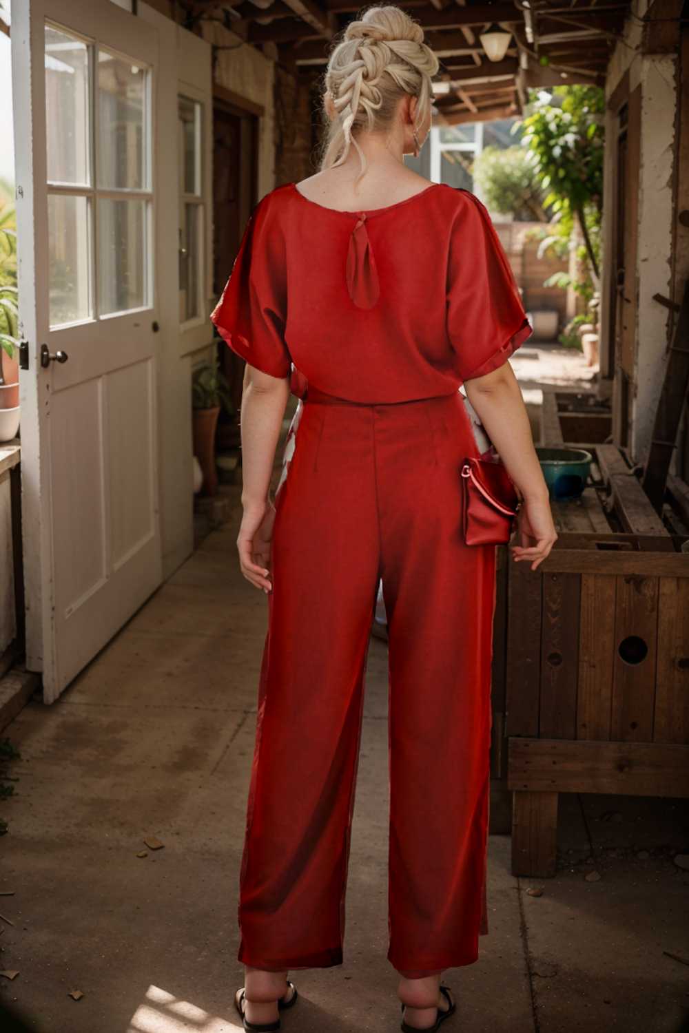 solid five point sleeve belted wide leg jumpsuit 106318