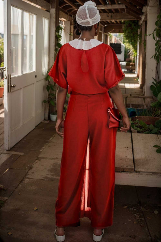 solid five point sleeve belted wide leg jumpsuit 110211