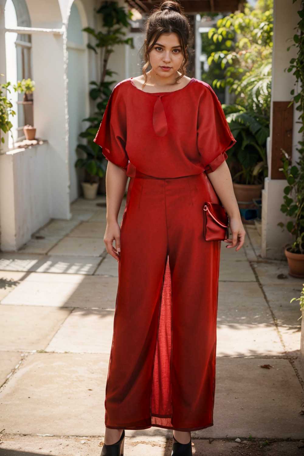 solid five point sleeve belted wide leg jumpsuit 106317