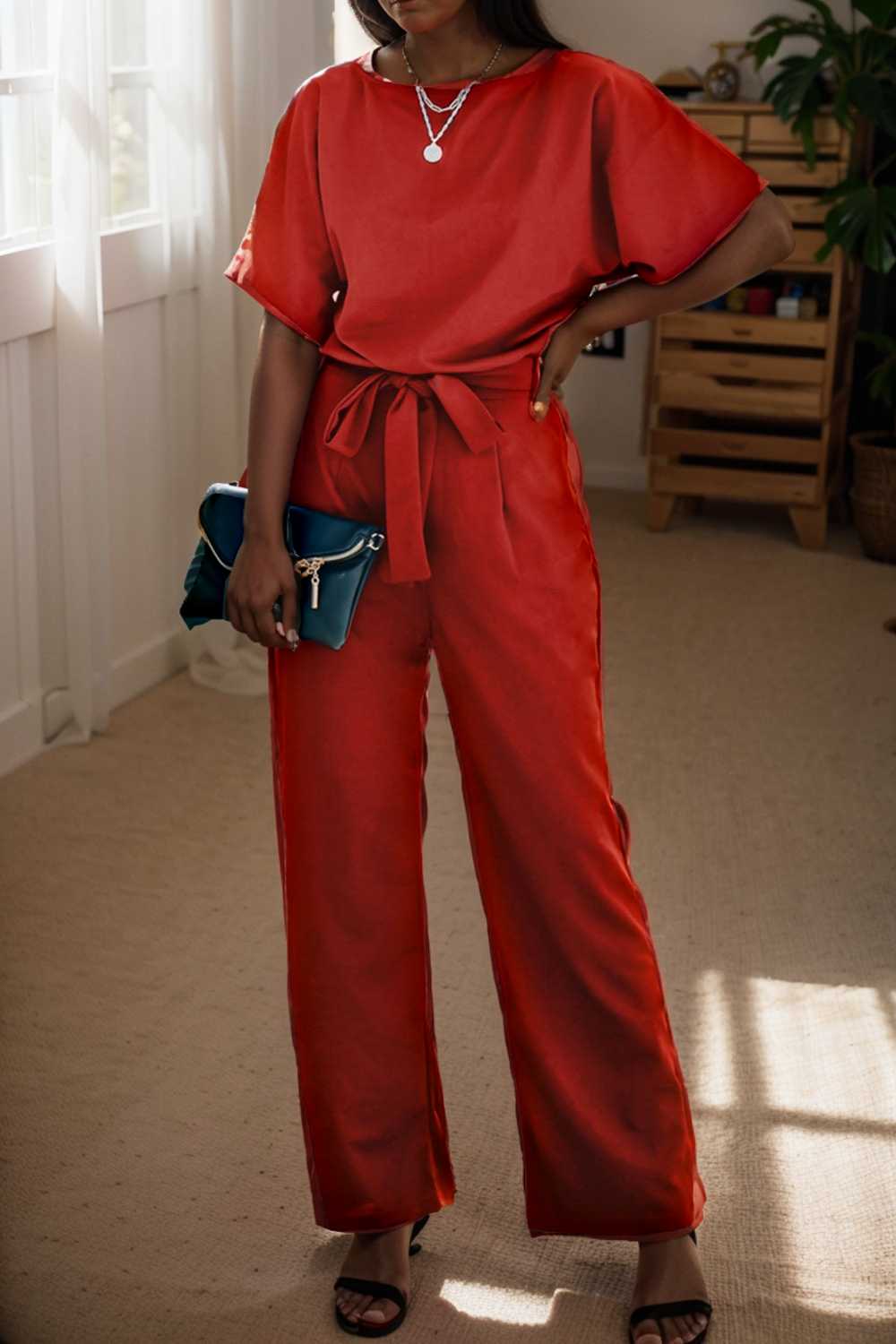 solid five point sleeve belted wide leg jumpsuit 106316