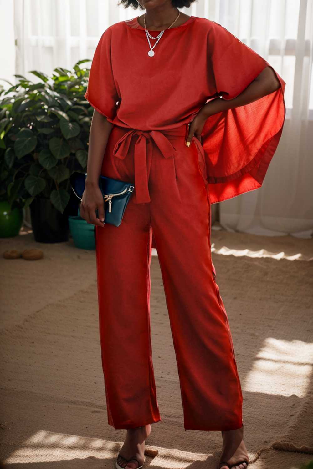 solid five point sleeve belted wide leg jumpsuit 106315